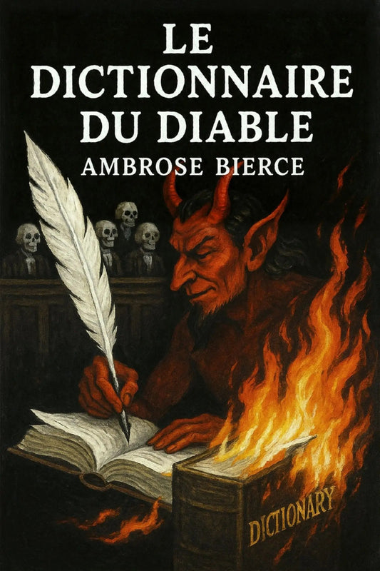 Book cover of 'Le dictionnaire du diable' by Ambrose Bierce with a devil writing in flames.