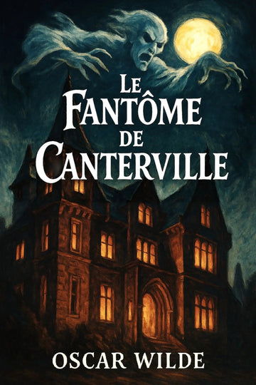 Book cover of 'Le fantôme de Canterville' with a ghostly figure and haunted house illustration.