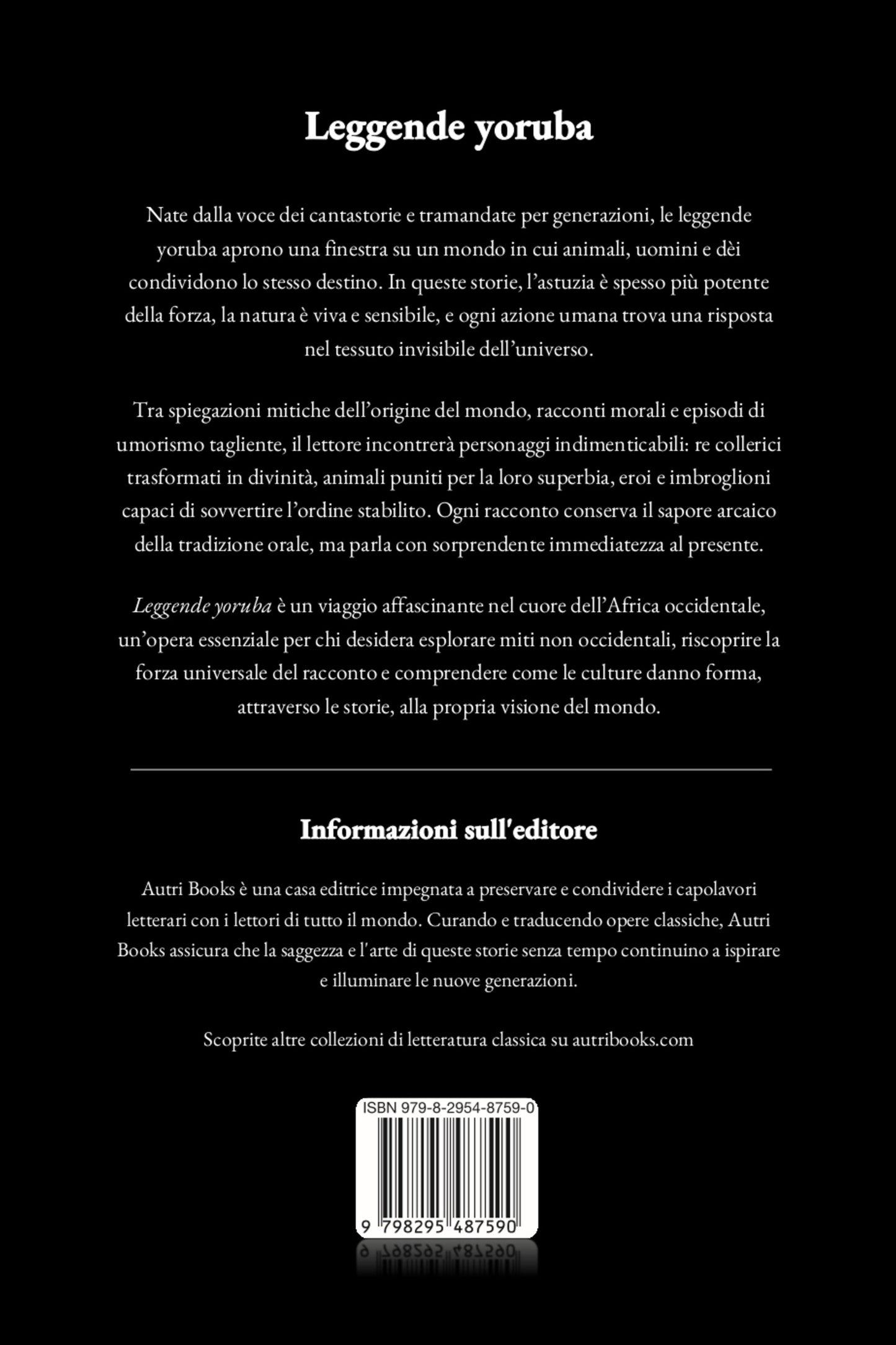 Back cover of a book with text in Italian about Yoruba legends, featuring a logo at the bottom.