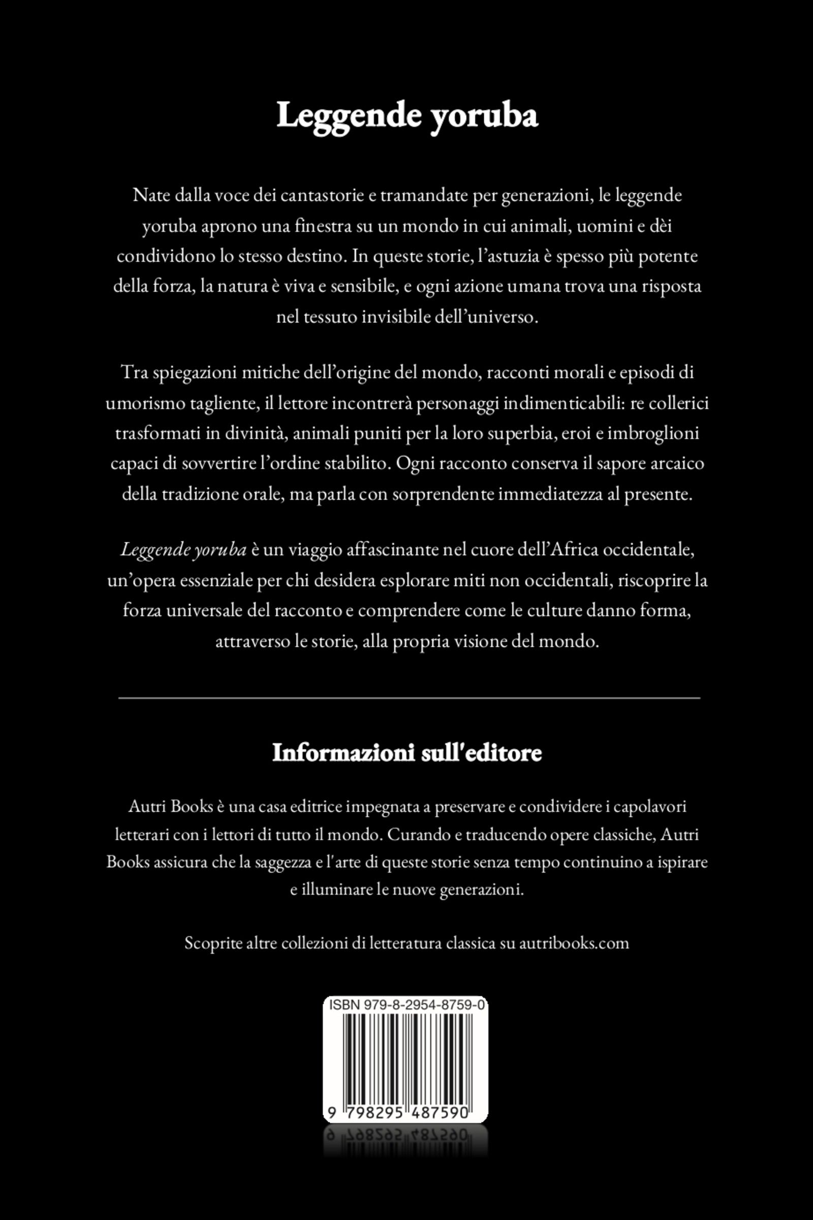 Back cover of a book with text in Italian about Yoruba legends, featuring a logo at the bottom.
