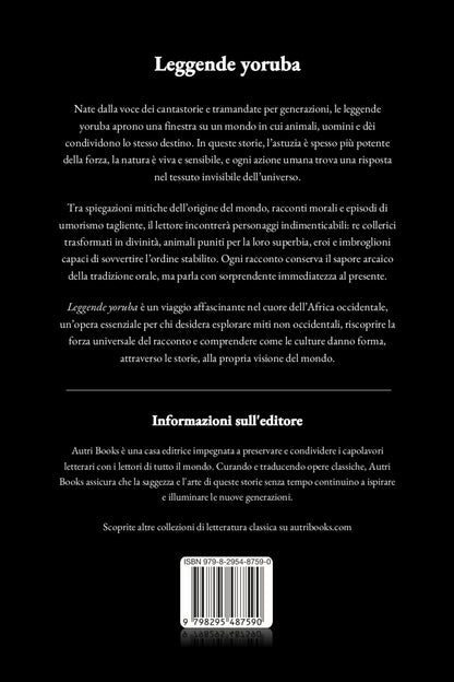 Back cover of a book with text in Italian about Yoruba legends, featuring a logo at the bottom.