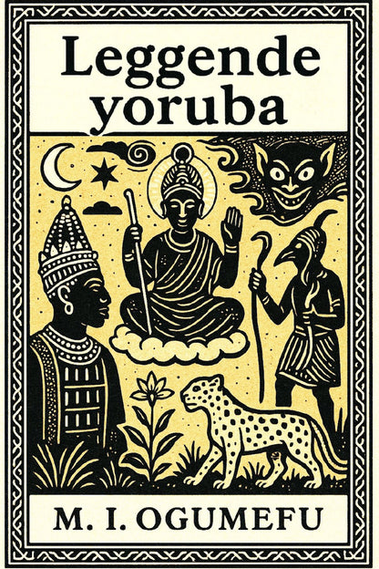 Book cover of 'Leggende yoruba' with black illustrations on a yellow background
