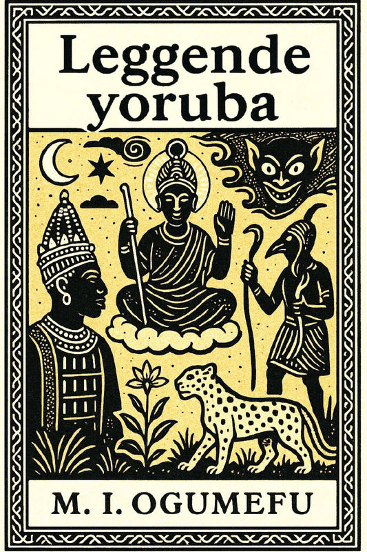 Book cover of 'Leggende yoruba' with black illustrations on a yellow background