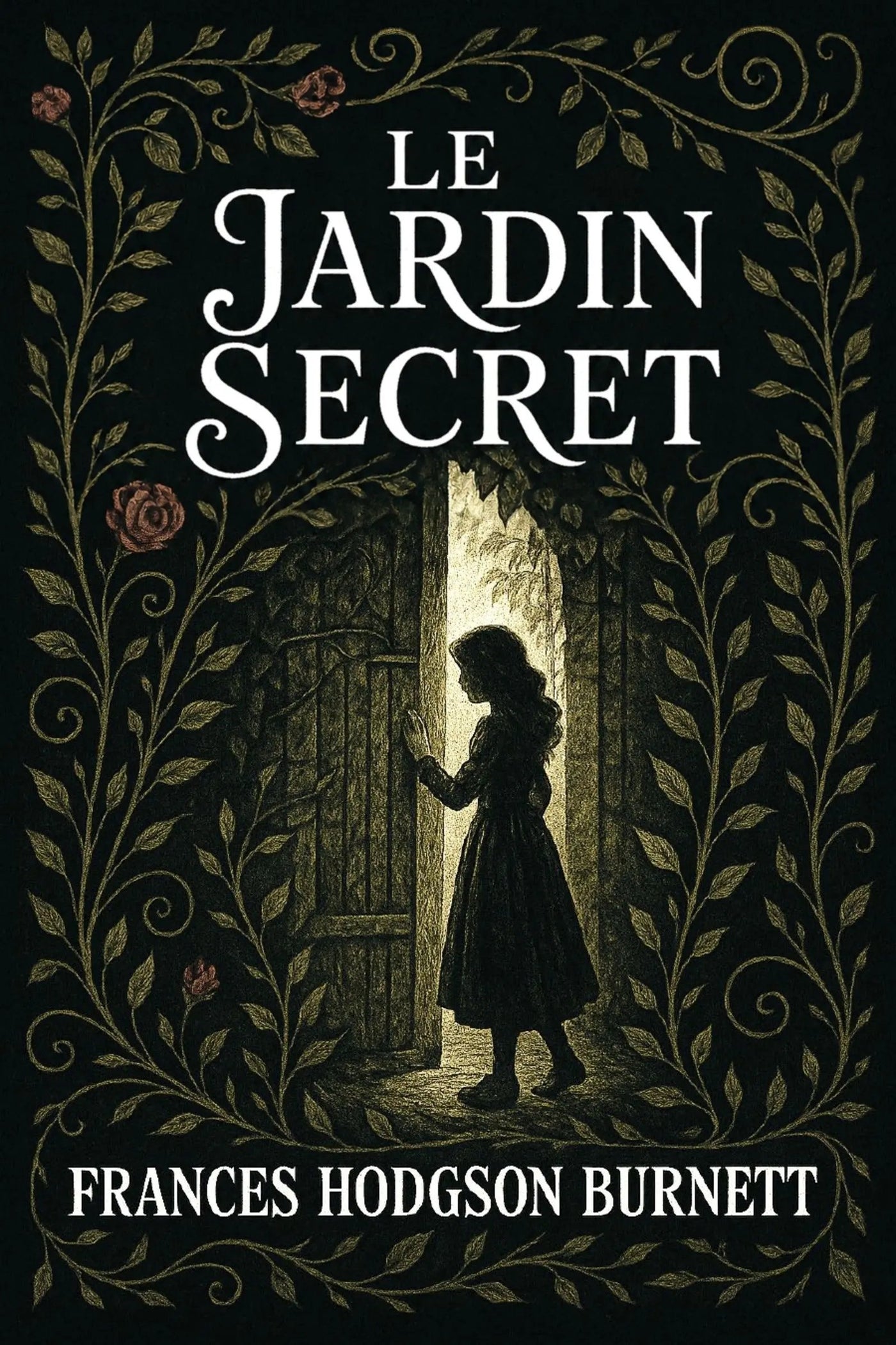 Book cover of 'Le jardin secret' with a silhouette of a girl and decorative text and illustrations.