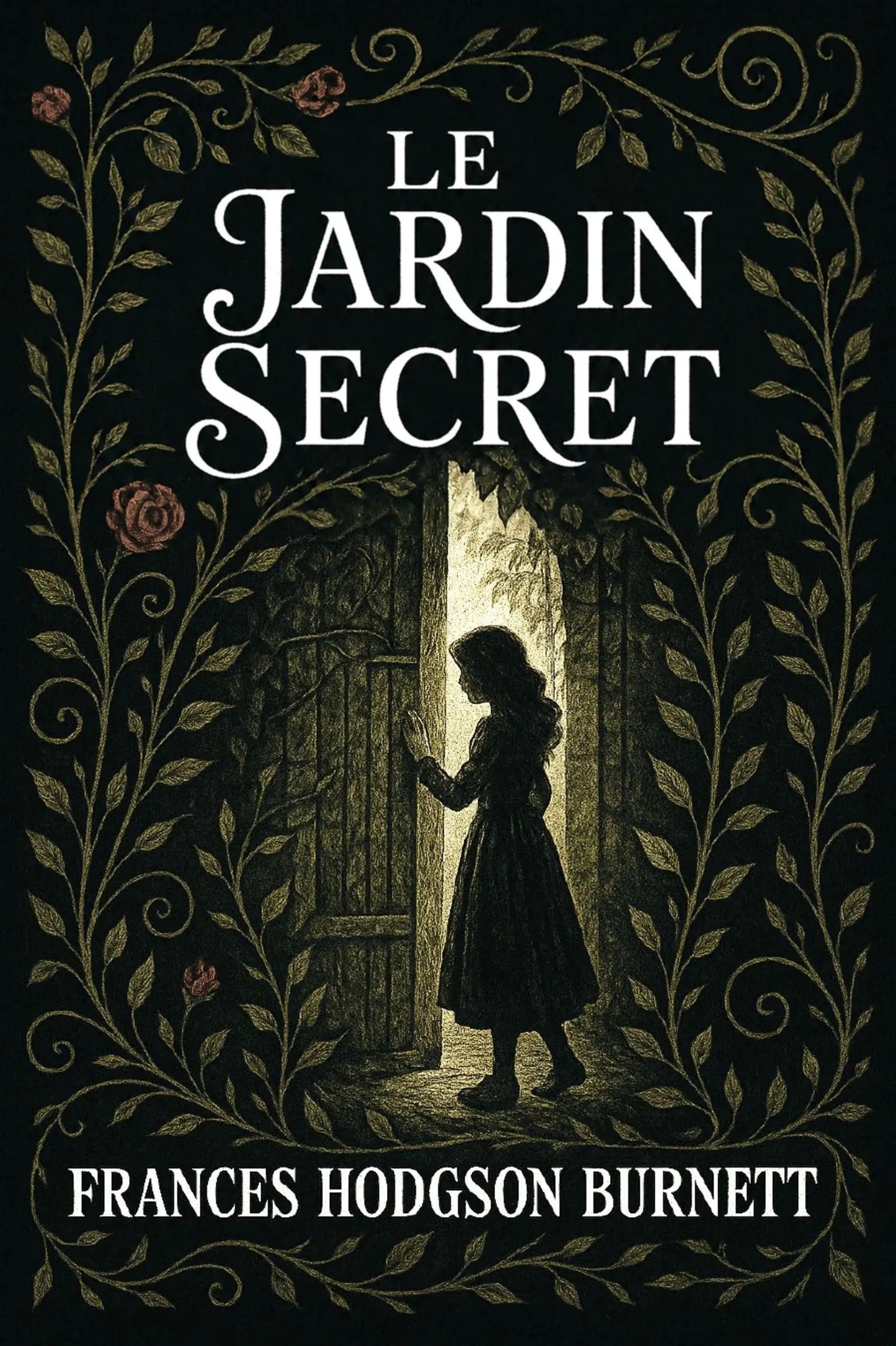 Book cover of 'Le jardin secret' with a silhouette of a girl and decorative text and illustrations.
