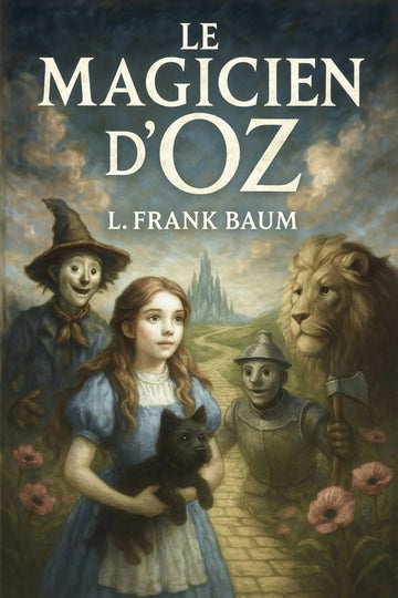 Book cover of 'Le magicien d’Oz' featuring Dorothy, the Scarecrow, Tin Man, and Lion with a castle in the background.