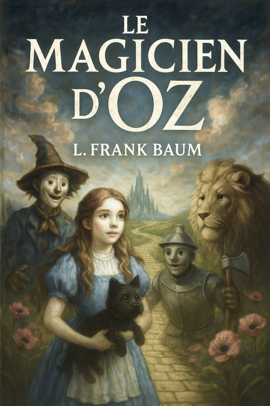 Book cover of 'Le magicien d’Oz' featuring Dorothy, the Scarecrow, Tin Man, and Lion with a castle in the background.