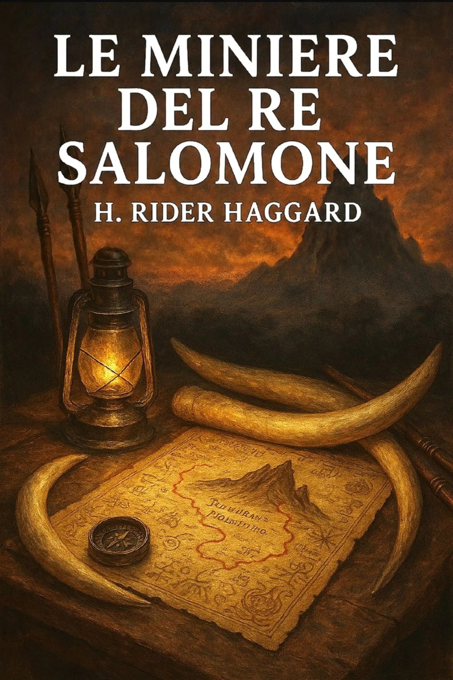 Book cover for 'Le miniere del re Salomone' by H. Rider Haggard, featuring an illustrated scene with a lantern, treasure map, tusks, and a dark mountainous background.