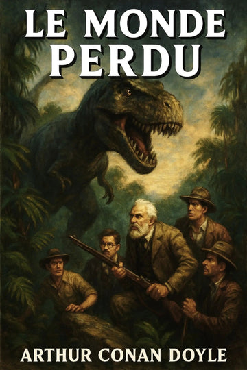 Book cover for 'Le monde perdu' by Arthur Conan Doyle, featuring an illustration of a Tyrannosaurus Rex looming over four explorers in a jungle under a cloudy sky.