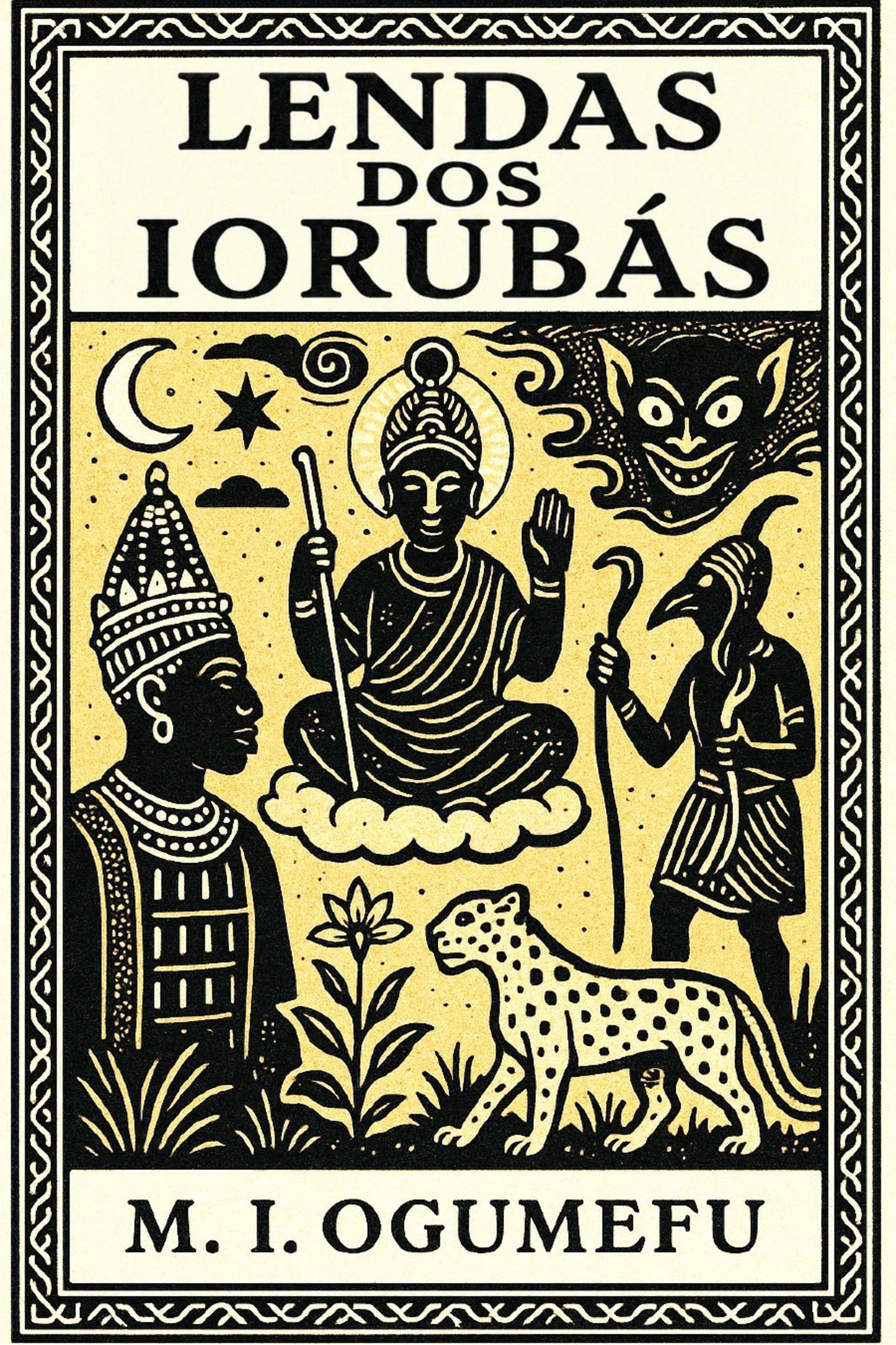 Book cover of 'Lendas dos Iorubás' with black illustrations on a yellow background