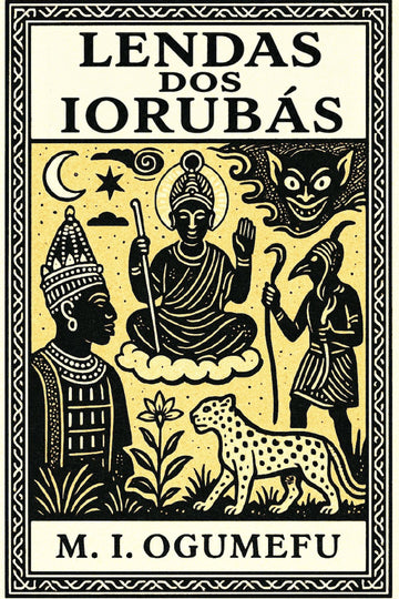 Book cover of 'Lendas dos Iorubás' with black illustrations on a yellow background