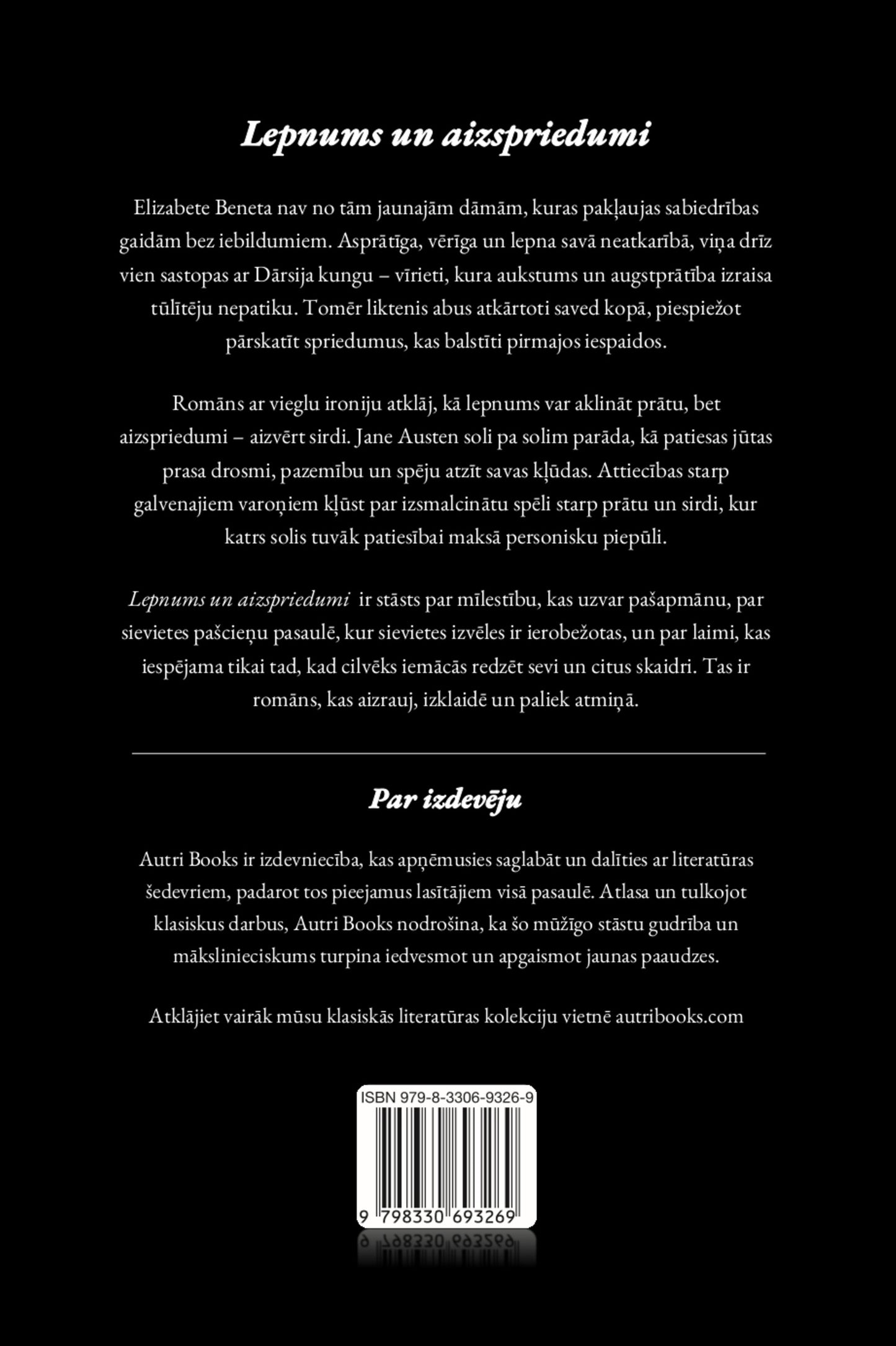 Back cover of a book with text in Latvian, featuring the publisher's information.