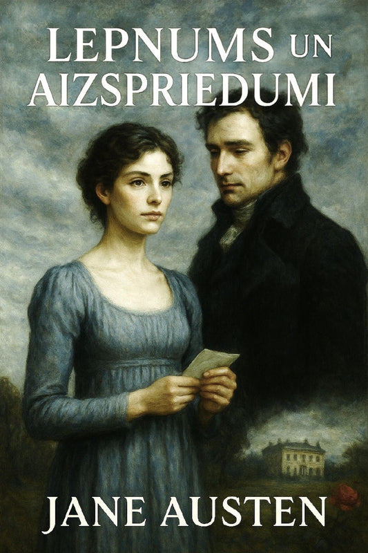 Book cover of 'Lepnums un aizspriedumi' by Jane Austen featuring a man and woman in a historical setting.