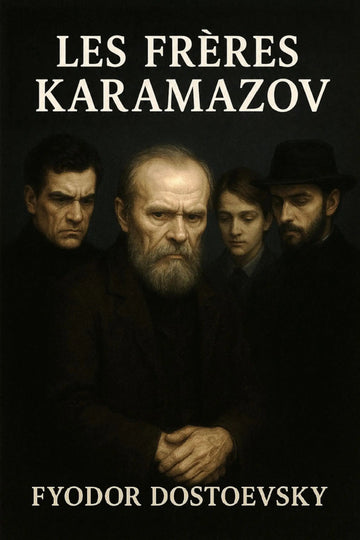 Book cover of 'Les Frères Karamazov' by Fyodor Dostoevsky featuring four characters against a dark background.
