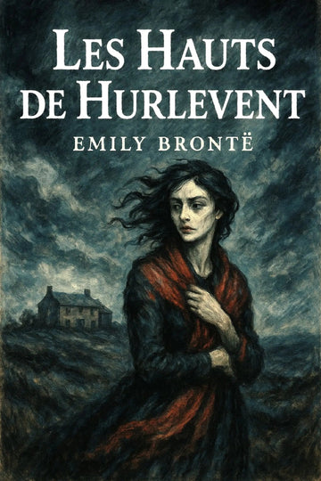 Book cover for 'Les Hauts de Hurlevent' by Emily Bronté, featuring a dark, painterly illustration of a woman in a red shawl against a stormy sky, with a house in the background.