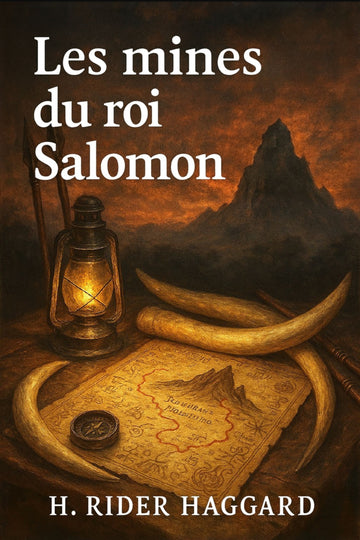 Book cover of 'Les mines du roi Salomon' with a lantern, horns, and map on a dark background.