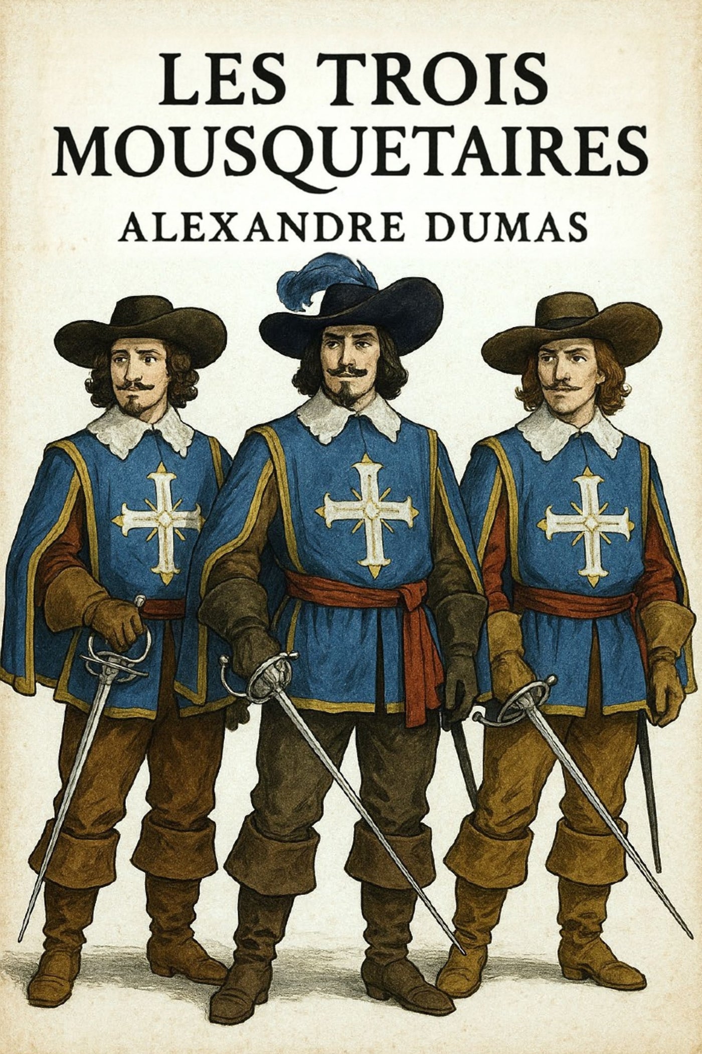 Book cover of 'Les Trois Mousquetaires' by Alexandre Dumas featuring three characters in historical attire.