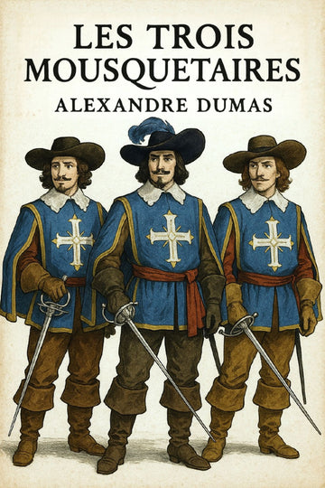Book cover of 'Les Trois Mousquetaires' by Alexandre Dumas featuring three characters in historical attire.