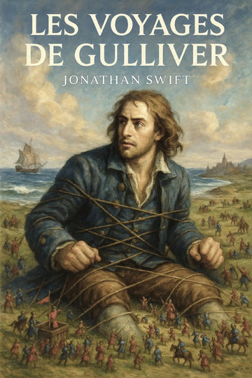 Book cover of 'Les voyages de Gulliver' by Jonathan Swift with a man tied to a tree and a ship in the background.