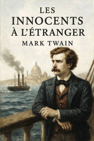 Book cover of 'Les innocents à l’étranger' by Mark Twain with a man on a ship and cityscape.