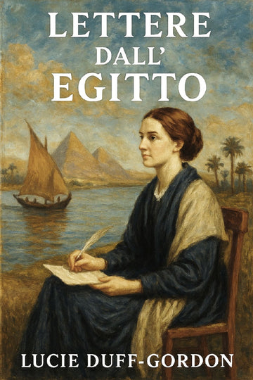 Book cover of 'Lettere dall’Egitto' by Lucie Duff-Gordon with a woman writing by a river and sailboat.