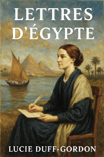 Book cover of 'Lettres d’Égypte' by Lucie Duff-Gordon with a painting of a woman writing by a river and pyramids.