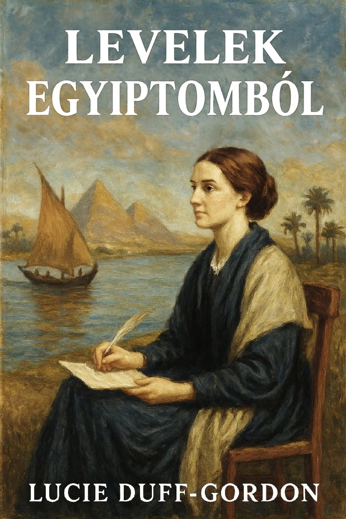 Book cover for 'Levelek Egyiptomból' by Lucie Duff-Gordon, featuring a painted portrait of a woman writing by a lake with pyramids and a sailboat in the background.
