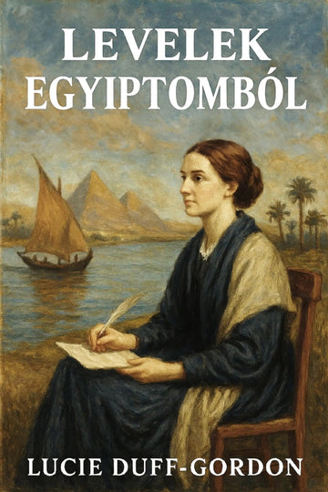 Book cover for 'Levelek Egyiptomból' by Lucie Duff-Gordon, featuring a painted portrait of a woman writing by a lake with pyramids and a sailboat in the background.