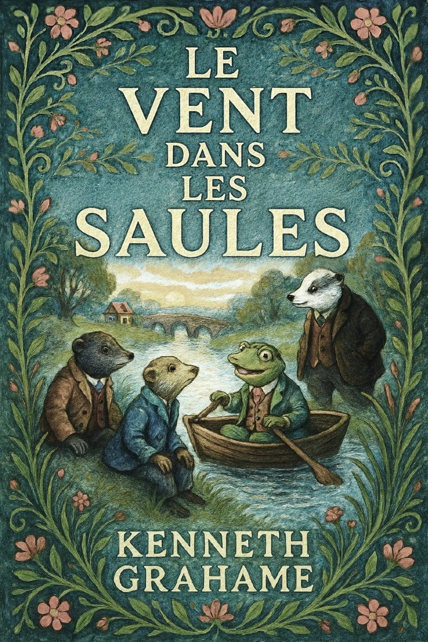 Book cover of 'Le vent dans les saules' with animal characters in a boat and decorative elements.