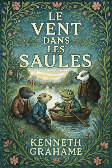 Book cover of 'Le vent dans les saules' with animal characters in a boat and decorative elements.