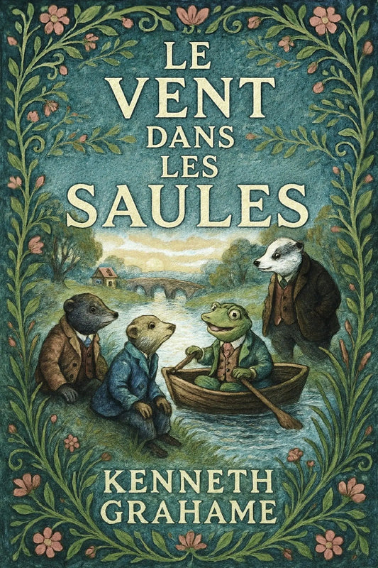 Book cover of 'Le vent dans les saules' with animal characters in a boat and decorative elements.