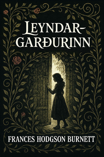 Book cover of 'Leyndargarðurinn' by Frances Hodgson Burnett with a silhouette of a girl at a door.
