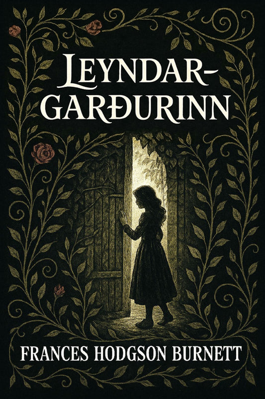 Book cover of 'Leyndargarðurinn' by Frances Hodgson Burnett with a silhouette of a girl at a door.