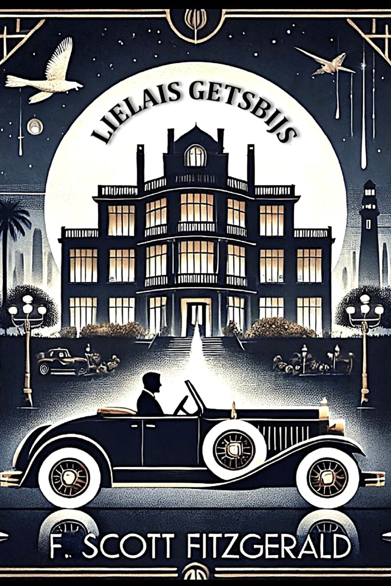 Book cover of 'Lielais Getsbijs' by F. Scott Fitzgerald with a vintage car and mansion illustration.