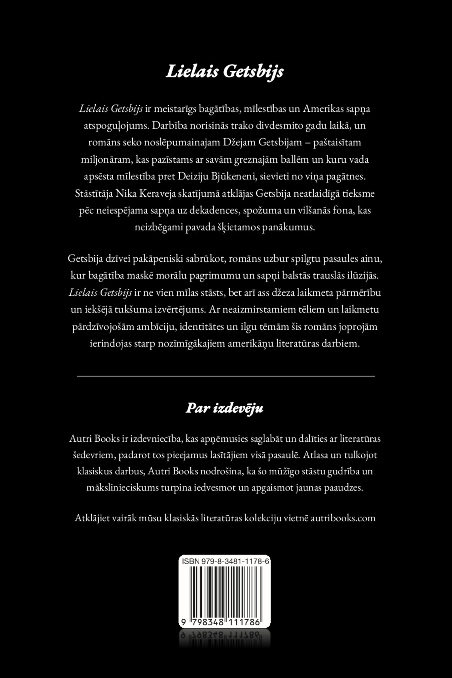 Back cover of a Lielais Getsbijs with text in Latvian