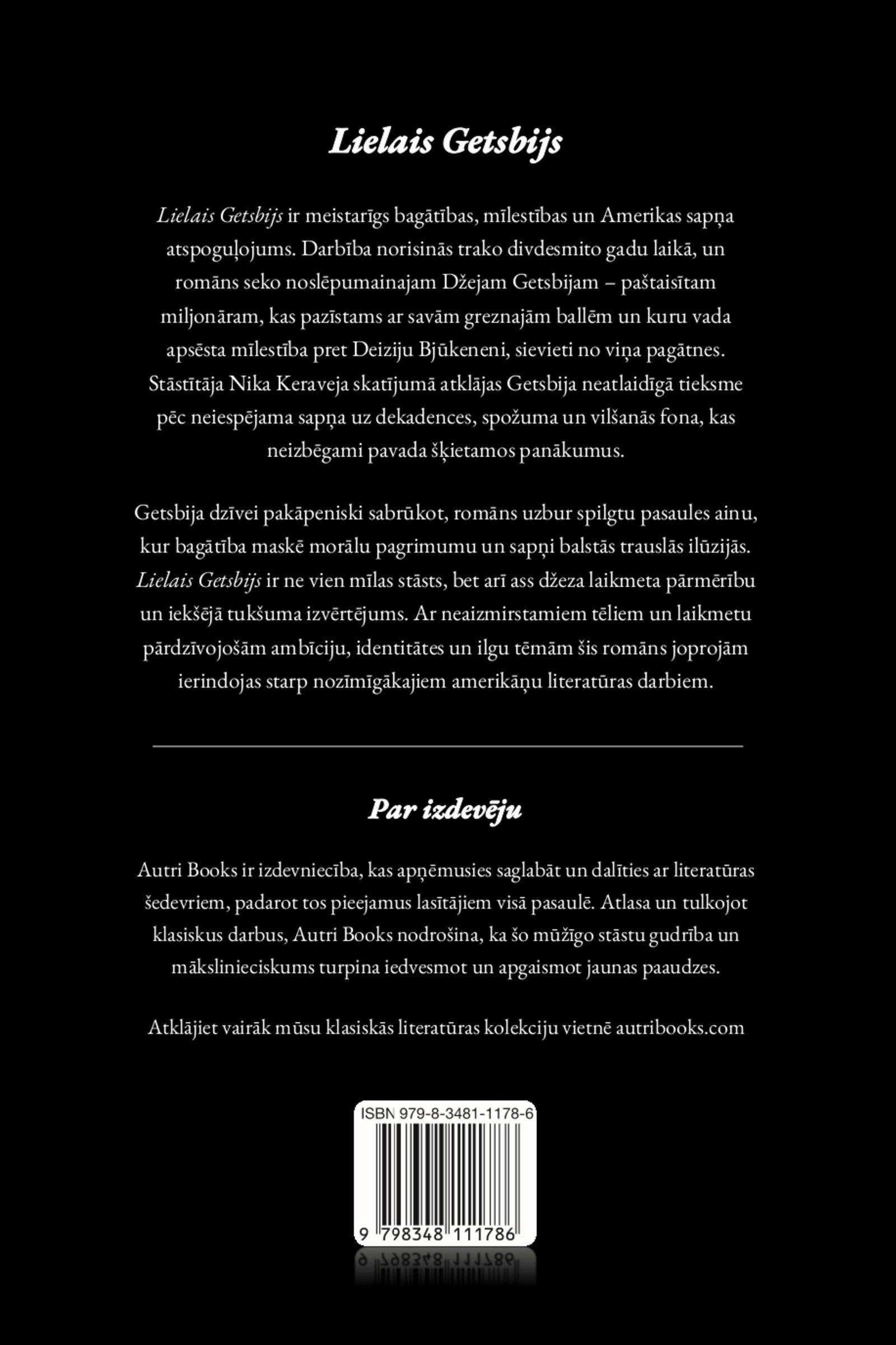 Back cover of a Lielais Getsbijs with text in Latvian