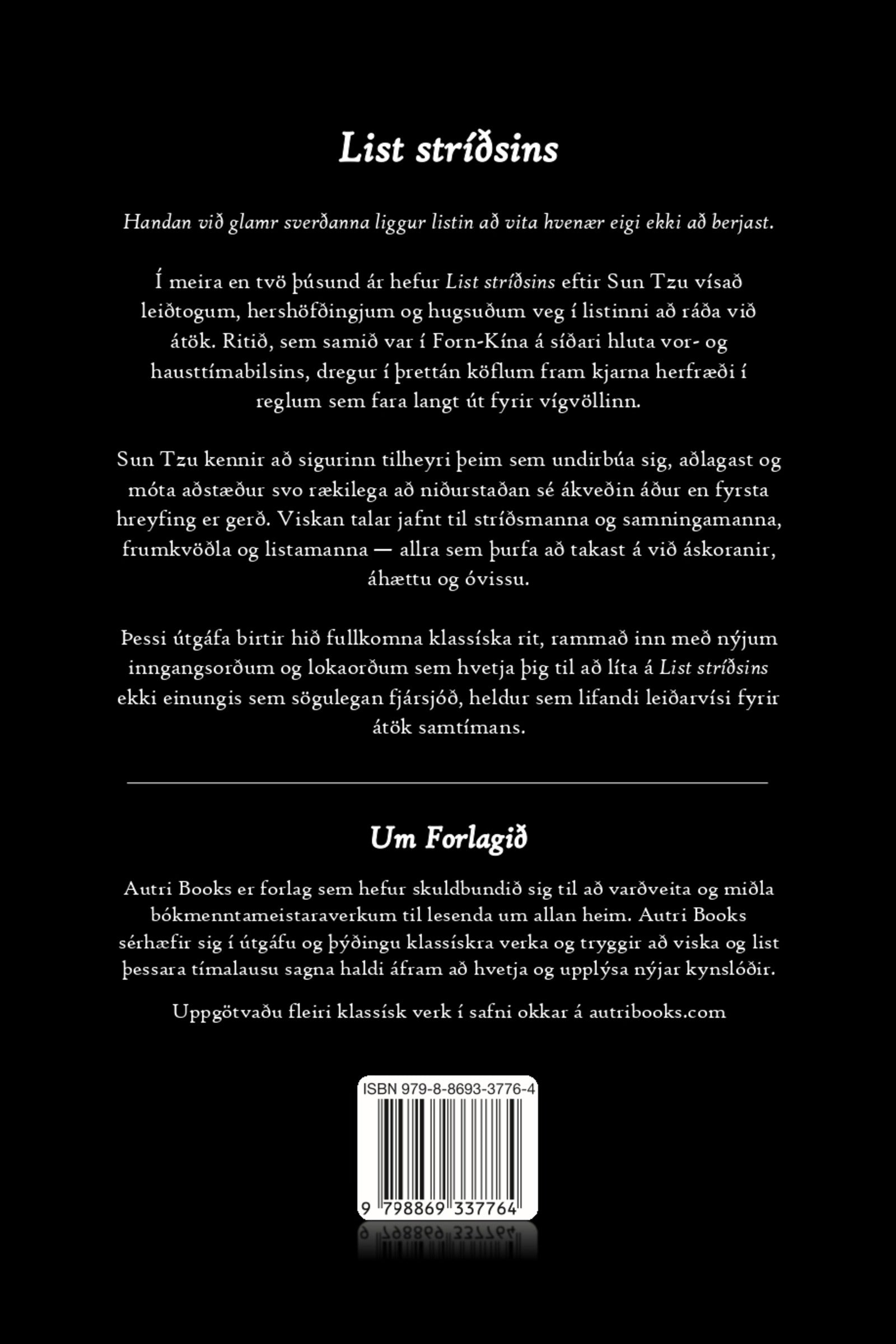 Back cover of List stríðsins with text in icelandic and a barcode