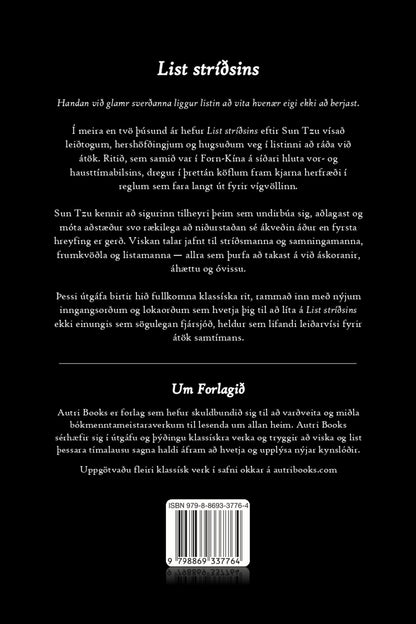 Back cover of List stríðsins with text in icelandic and a barcode