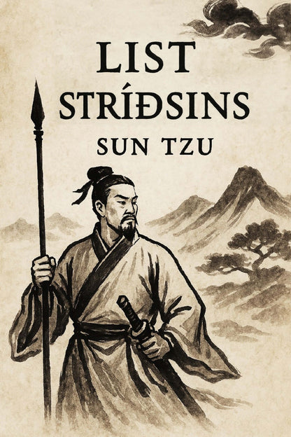 Book cover of 'List stríðsins' by Sun Tzu with a warrior illustration and mountain landscape.