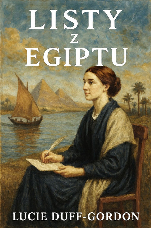 Book cover of 'Listy z Egiptu' by Lucie Duff-Gordon with a painting of a woman writing by a river.