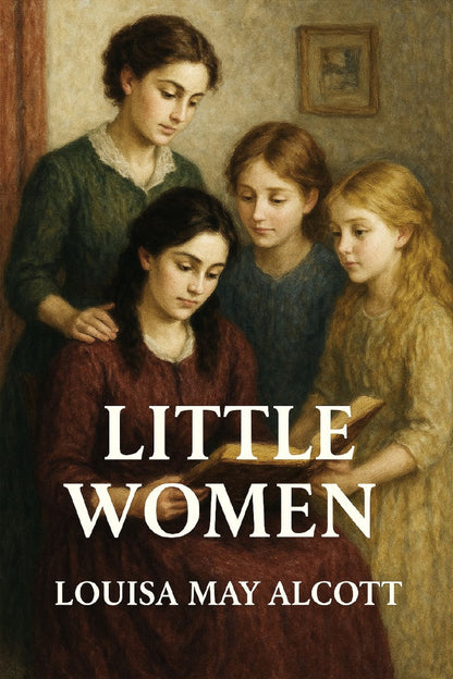 Book cover of 'Little Women' by Louisa May Alcott featuring four women in a warm setting.