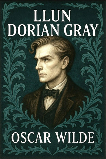 Book cover for 'Llun Dorian Gray' by Oscar Wilde, featuring a portrait of a man in profile against a dark teal background with ornate teal foliage and white title text.