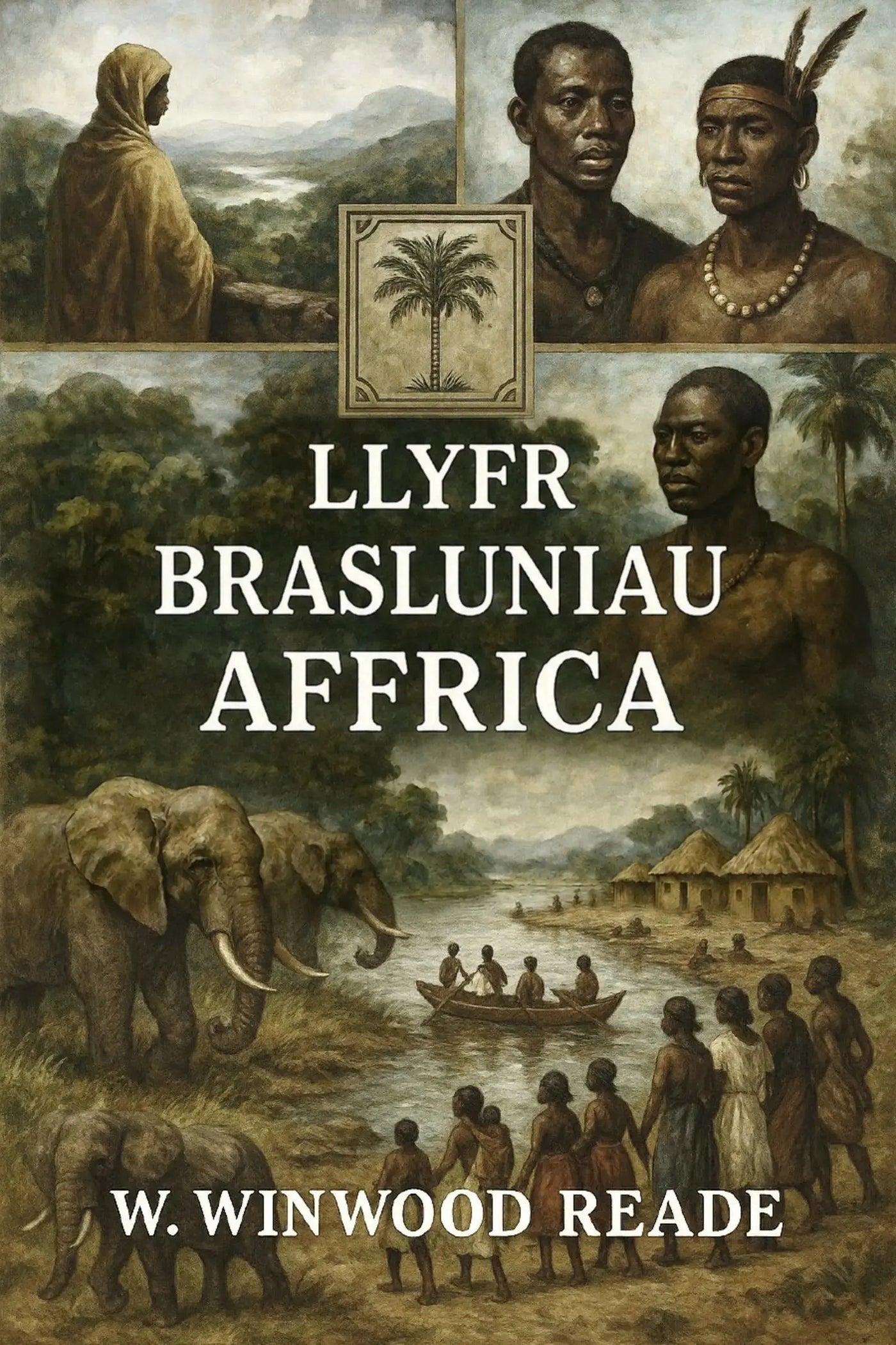 Book cover for 'Llyfr Brasluniau Affrica' by W. Winwood Reade, featuring a collage of historical illustrations including African figures, elephants, a boat on water, and a central palm tree emblem.