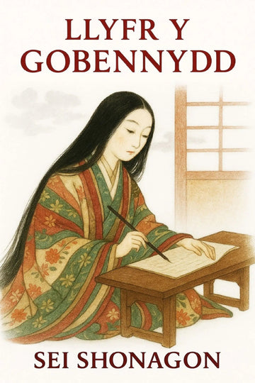 Book cover for 'Llyfr y Gobennydd' by Sei Shonagon, featuring an illustration of a woman in a patterned kimono writing at a desk against a cream background.
