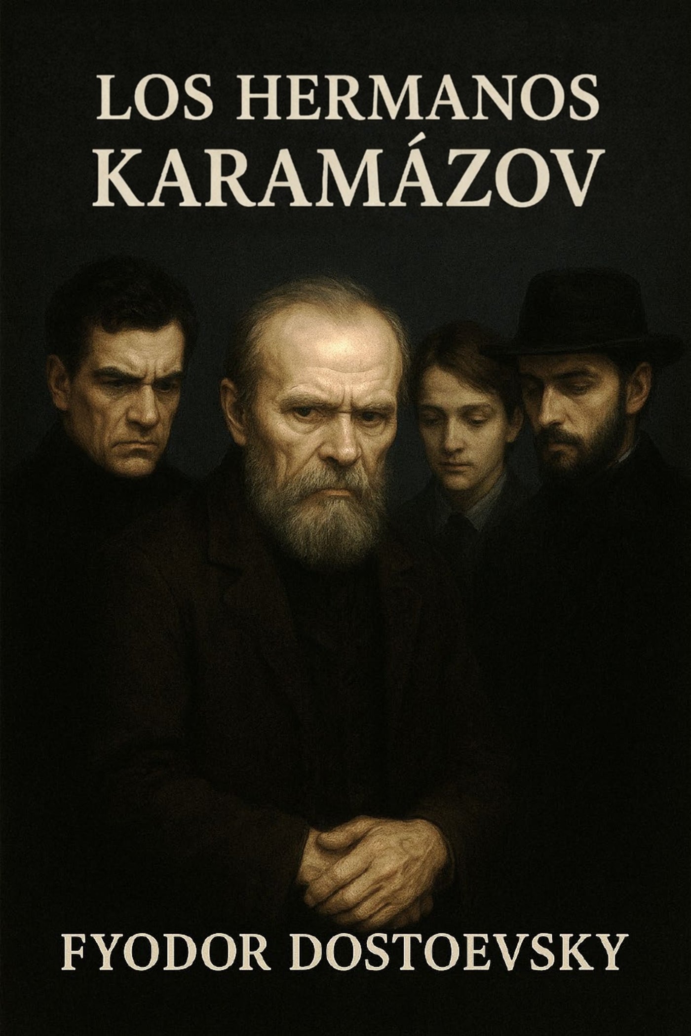 Book cover of 'Los Hermanos Karamázov' by Fyodor Dostoevsky featuring four characters against a dark background.