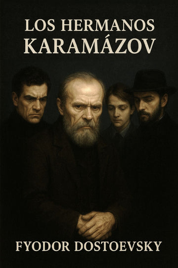 Book cover of 'Los Hermanos Karamázov' by Fyodor Dostoevsky featuring four characters against a dark background.