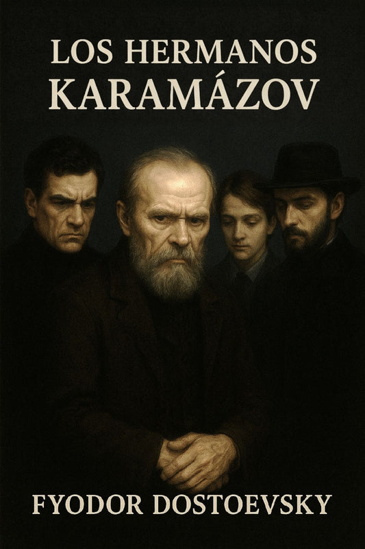 Book cover of 'Los Hermanos Karamázov' by Fyodor Dostoevsky featuring four characters against a dark background.