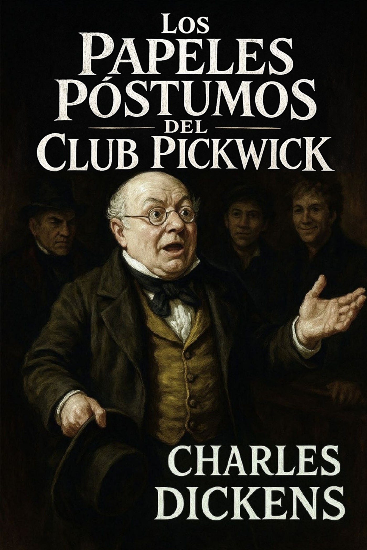 Book cover of 'Los papeles póstumos del Club Pickwick' by Charles Dickens with a dark background and central figure.