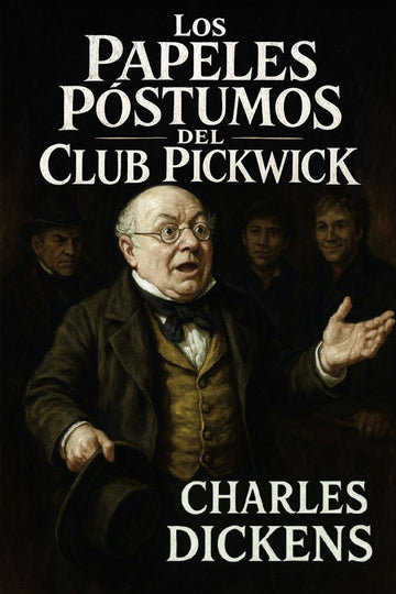 Book cover of 'Los papeles póstumos del Club Pickwick' by Charles Dickens with a dark background and central figure.