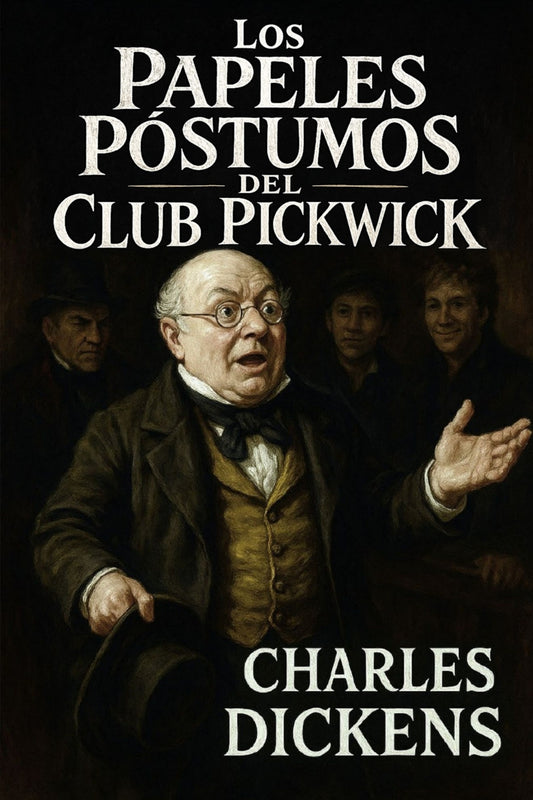 Book cover of 'Los papeles póstumos del Club Pickwick' by Charles Dickens with a dark background and central figure.